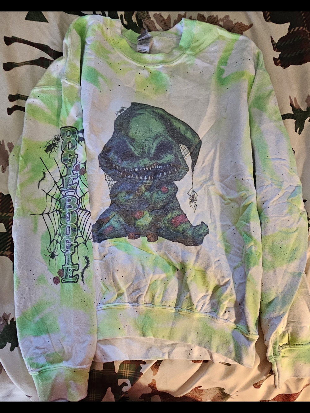 Gildan White Sweatshirt with Green Tie-Dye Accents